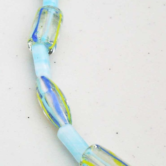 LAMPWORK GLASS TUBES NECKLACE, 20 INCHES LONG, BLUES/YELLOW/CLEAR, TUBES BARRELS - Picture 1 of 2